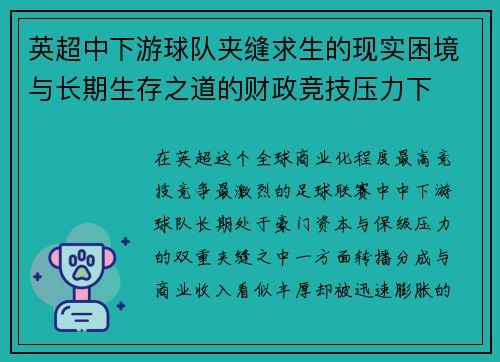 英超中下游球队夹缝求生的现实困境与长期生存之道的财政竞技压力下 英超中下游球队夹缝求生的现实困境与长期生存之道的财政竞技压力下